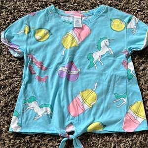 Blue Graphic T-Shirt with Unicorns and Emojis